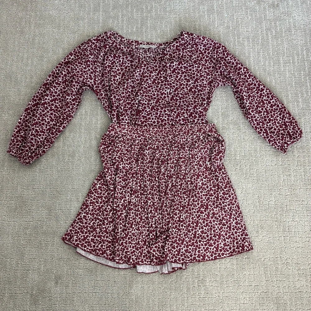 LOFT maroon floral skirt set short sleeve peasent top ruffle elastic burgundy